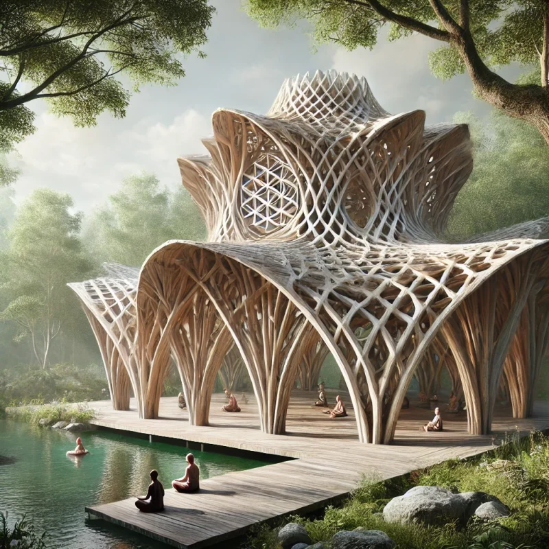 DALL·E 2024 08 19 12.24.34 A rustic organically shaped building designed for a meditation group situated within a lush forest and surrounded by a tranquil pond. The structure
