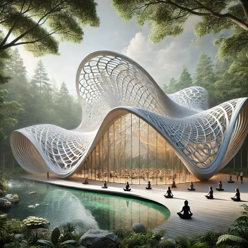 DALL·E 2024 08 19 12.24.36 A completely new organically shaped building designed for a meditation group situated deep within a lush forest and surrounded by a tranquil pond. T