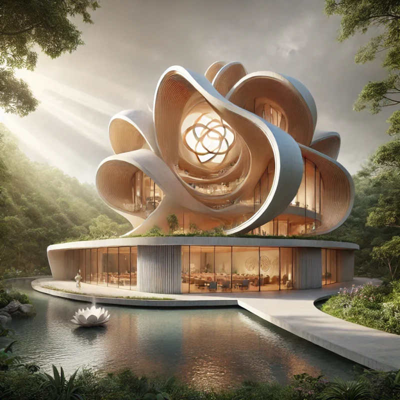 DALL·E 2024 08 19 12.24.48 A more organically shaped building designed for a meditation group nestled within a lush forest. The structure is surrounded by a tranquil pond that