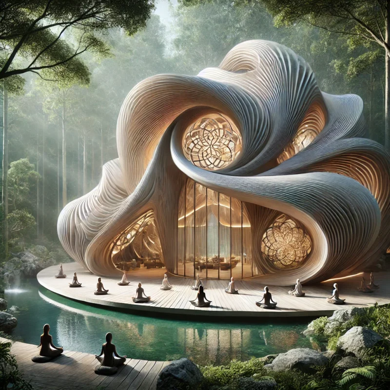 DALL·E 2024 08 19 12.27.27 A mystical organically shaped building designed for a meditation group situated deep within a lush forest and surrounded by a tranquil pond. The arc