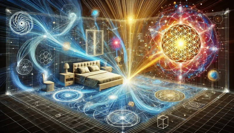 DALL·E 2024 09 19 13.27.21 A detailed esoteric representation of the energy within a bedroom based on two different proportional systems one using 30 cm as the unit and the o
