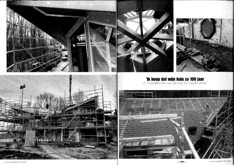 Detailbeelden van dakconstructie, houten dakspanten en gevels met leien bekleding tijdens bouwproces